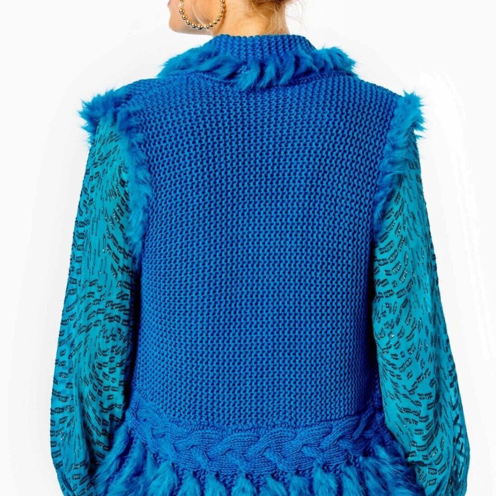 NWT Lilly Pulitzer NWT Torini Faux Fur Sweater Vest Teal Bay Small S - Picture 2 of 5